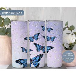 butterfly tumbler with straw for women, purple 20oz tumbler, butterfly gifts, glitter butterfly cup, (tm-34butterfly)