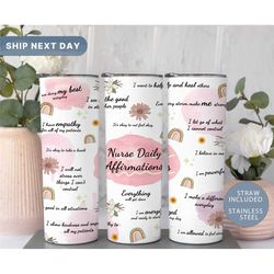 nurse daily affirmations tumbler with straw, 20oz skinny tumbler for nurses, rn travel mug, nurse gifts, daily reminder