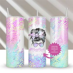 iridescent leopard mom life messy bun with eyebrows sublimation tumbler personalize it with your hashtag 20 oz.