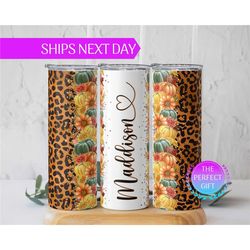 personalized fall tumbler with straw, custom pumpkin tumbler fall gift, autumn leopard tumbler cup with lid and straw, f