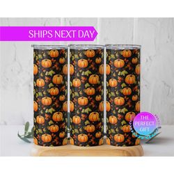 cute fall themed tumbler with pumpkins for her, fall pumpkin tumbler gift for fall coffee lover, autumn tumbler fall ins