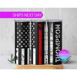 personalized firefighter name tumbler - custom fire fighter red line tumbler - us flag thin red line cup with straw fire