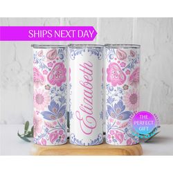personalized name floral tumbler, custom name tumbler, floral name tumbler gift for mother's day, custom floral tumbler