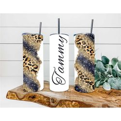 gold cheetah agate faux glitter tumbler, personalized tumbler, double wall insulated, gift, tumbler with lid & straw, cu