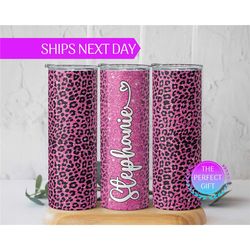 personalized glitter leopard print tumbler with straw, pink glitter cheetah print skinny tumbler to go cup birthday gift