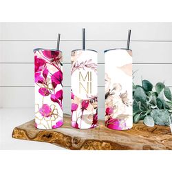 magenta floral mini faux glitter personalized tumbler, double wall insulated, gift, tumbler with lid & straw, custom tum