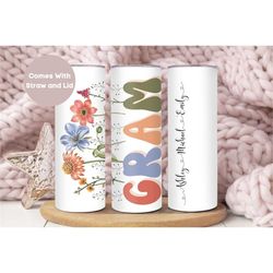 Personalized Gram Tumbler for Grandma for Mothers Day, Custom Mothers Day Gift for Gram, Retro Floral Gram Cup with Gran