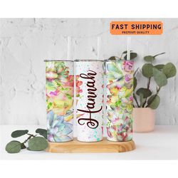 personalized floral name tumbler with straw , custom water floral tumbler cup with name, cute travel cup christmas gift
