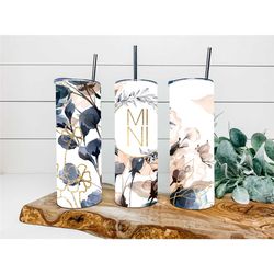 navy floral mini faux glitter personalized tumbler, double wall insulated, gift, tumbler with lid & straw, custom tumble