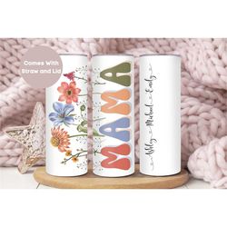 personalized mama tumbler for mothers day, custom mothers day gift for mom from kids, retro floral mama tumbler with kid