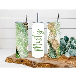 green cheetah gold agate faux glitter tumbler, personalized tumbler, double wall insulated, gift, tumbler with lid & str
