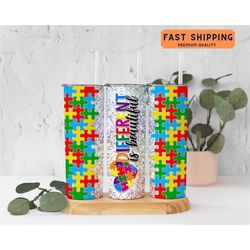 autism awareness tumbler, different is beautiful tumbler for women, autism tumbler for her, autism tumbler with straw fo