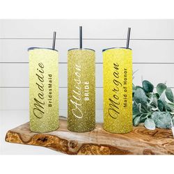 yellow faux ombre personalized glitter name tumbler, cute custom glitter tumbler for her gift, glitter ombre tumbler cup