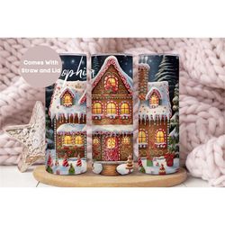 personalized gingerbread house christmas tumbler, winter scene holiday tumbler cup, custom name christmas mug,skinny win