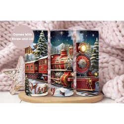 personalized train christmas tumbler, winter train holiday tumbler cup, custom name christmas mug, skinny winter scene t
