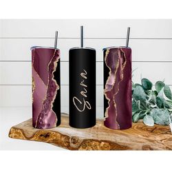 burgundy black gold agate faux glitter tumbler, personalized tumbler, double wall insulated, gift, tumbler with lid & st