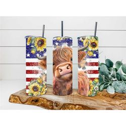 Cute Patriotic Highland Cow Tumbler, Personalized Tumbler, Double Wall Insulated, Gift, Tumbler with Lid & Straw, Custom