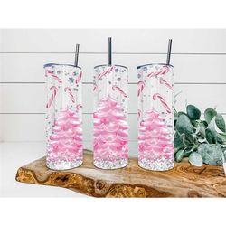 pretty pink christmas tree tumbler, personalized tumbler, double wall insulated, gift, tumbler with lid & straw, custom