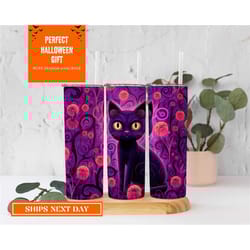 black cat halloween tumble, black cat 20oz tumbler cup, halloween cat tumbler, halloween cup for cat lovers, halloween t