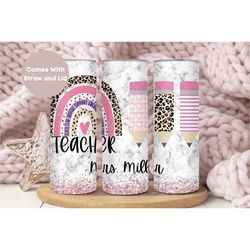 personalized teacher tumbler, custom teacher tumbler cup with name, teacher appreciation gift,rainbow and pencil back to