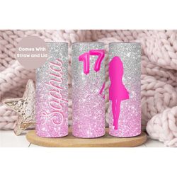 personalized birthday girl tumbler with name, custom glitter birthday gift for her, pink ombre birthday name and age cup