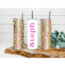 pink cheetah gold agate faux glitter tumbler, personalized tumbler, double wall insulated, gift, tumbler with lid & stra