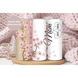 personalized mom established tumbler for mothers day, custom mothers day gift for mom, floral japanese blossom mama tumb