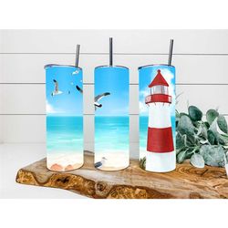 bright beach light house personalized tumbler, beach tumbler, double wall insulated, gift, tumbler with lid & straw, cus