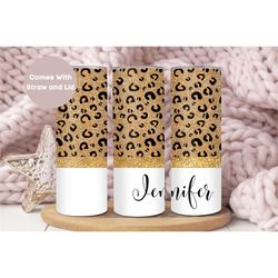 personalized leopard name tumbler with straw and lid, cute custom gold glitter leopard to go cup birthday gift for her,