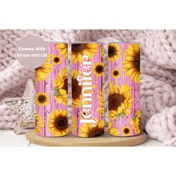personalized sunflower name tumbler with straw and lid, sunflower custom floral to go cup birthday gift for her, pink su