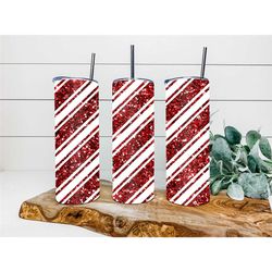 candy cane stripes faux glitter personalized tumbler, personalized tumbler, christmas gift, tumbler with lid & straw, cu