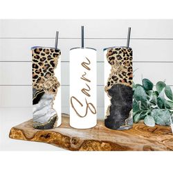 black cheetah agate faux glitter tumbler, personalized tumbler, double wall insulated, gift, tumbler with lid & straw, c