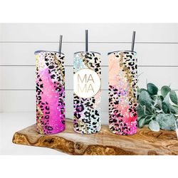 pink leopard mama faux glitter personalized tumbler, double wall insulated, gift, tumbler with lid & straw, custom tumbl