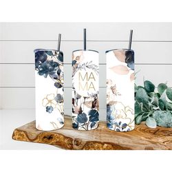 navy floral mama faux glitter personalized tumbler, double wall insulated, gift, tumbler with lid & straw, custom tumble
