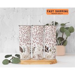 floral leopard tumbler with name, personalized cheetah tumbler cup, rose cheetah tumbler with straw, leopard tumbler wit