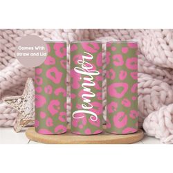 personalized pink cheetah tumbler, cute custom cheetah to go cup birthday gift for her, pastel leopard tumbler cup, leop