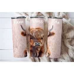 personalised highland cow tumbler, stainless steel double wall vacuum insulated tumbler, 20oz skinny tumbler with lid an