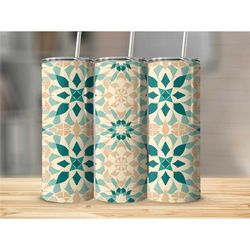 geometric pattern tumbler, insulated coffee cup, modern design drinkware, unique gift idea, portable reusable mug, teal