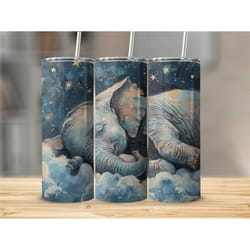 baby elephant sleeping on clouds tumbler, starry night sky tumbler, dreamy art insulated travel mug, unique animal art c
