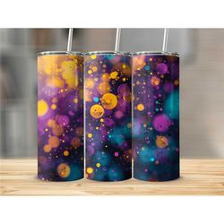 colorful abstract bokeh tumbler, artistic insulated travel cup, unique designer drinkware, vibrant office mug
