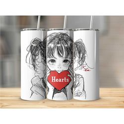anime-inspired cute girl sketch tumbler, hand-drawn heart love manga art, unique artist designed drinkware, gift idea