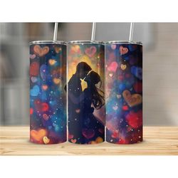 romantic couple silhouette tumbler, blue red heart bokeh, love inspired travel mug, gift for spouse, valentine's day pre
