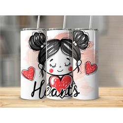 cute girl tumbler, hearts graphic travel mug, double bun hair design, unique coffee cup, gift for her, valentine's day t