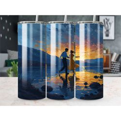 romantic sunset dance tumbler, couples illustration travel mug, artistic love scene drinkware, unique gift idea