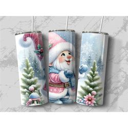 christmas gnome in pink tumbler with straw, christmas tumbler with straw gift for christmas, winter gnome tumbler gift f