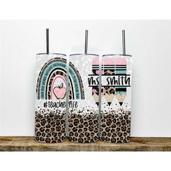 teacherlife rainbow & leopard personalized faux glitter tumbler | teacher gift | end of the year teacher gift | personal