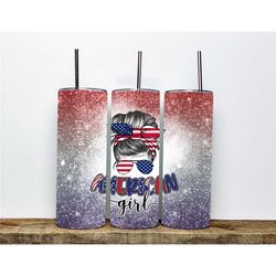 american girl glitter flag messy bun girl skinny tumbler design - 20oz stainless steel insulated tumbler with patriotic
