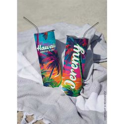 tropical palm summer personalized tumbler, 20 oz skinny tumbler hawaii design, bridesmaid tumbler, bachelorette party fa