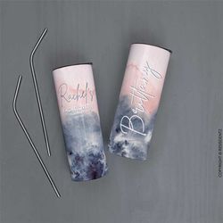 custom navy and pale pink watercolor tie dye tumbler, custom bridesmaid skinny tumbler, personalized bridesmaid tumbler,