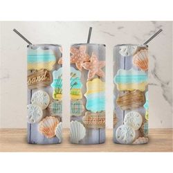 Summer Beach Ocean Cookies,Pastel Seashore Seashells Wood Graphic Cup,Cute Sweet Desert Travel Mug,Skinny Steel Tumbler